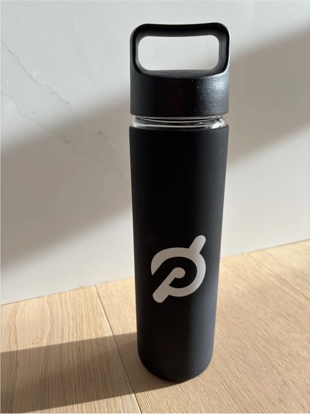 Peloton Water Bottle, Glass, Black Silicone Rubber Grip Logo Screw Top 16oz